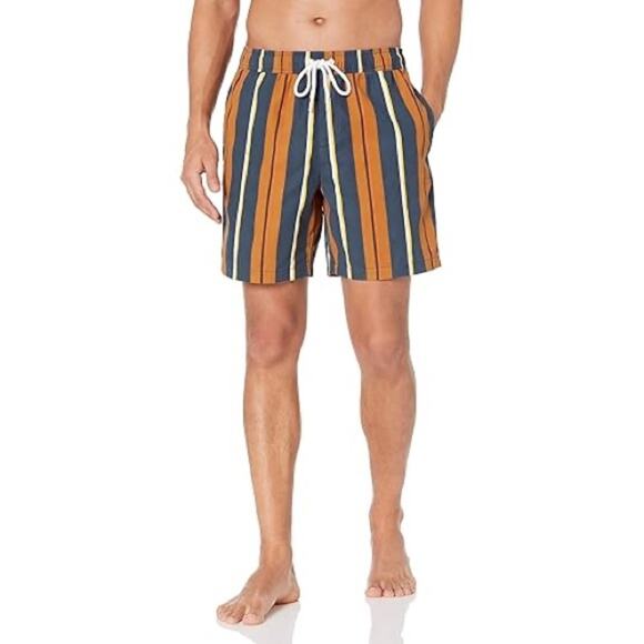 Goodthreads Mens 7 Swim Trunk | Tobacco Brown/Navy,‎ Stripe, Medium - Picture 1 of 5